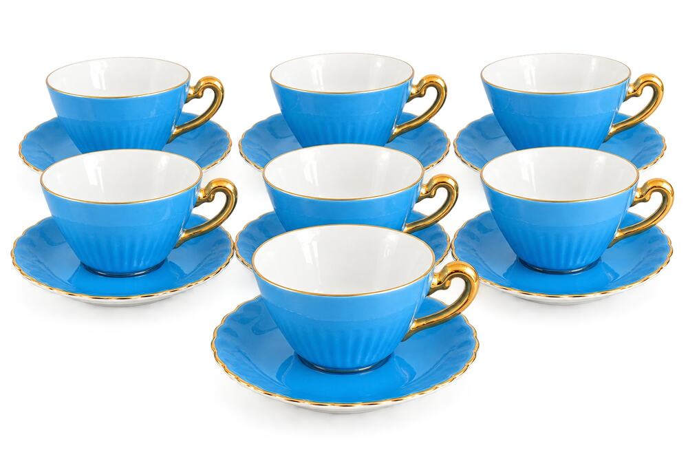Antique Noritake Hand Painted Japan M Wreath Blue Gold Cups Saucers Set 14